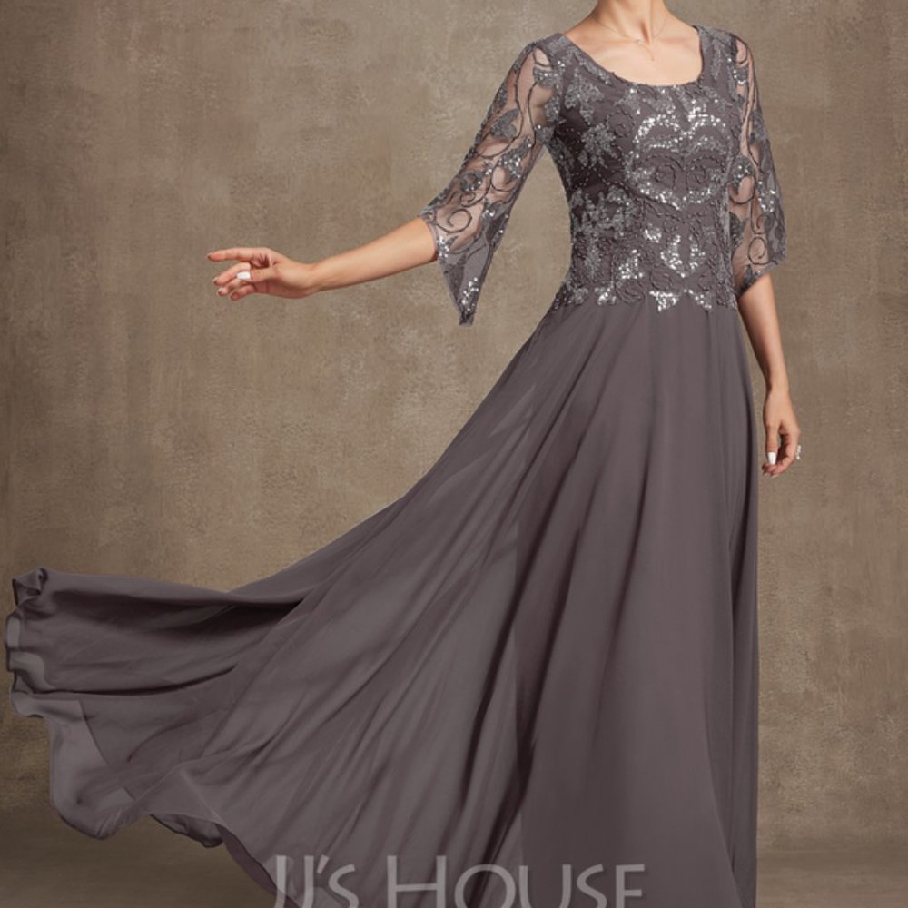 JJ's House A-Line Scoop Neck Floor-Length Chiffon Dress With Beading (Dusk) $100